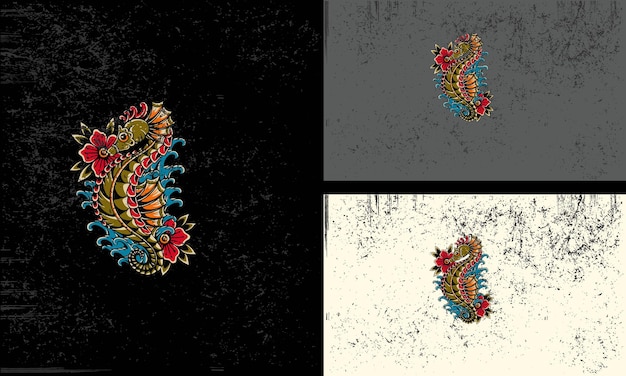Caballito de mar con diseño de mascota de vector de flores