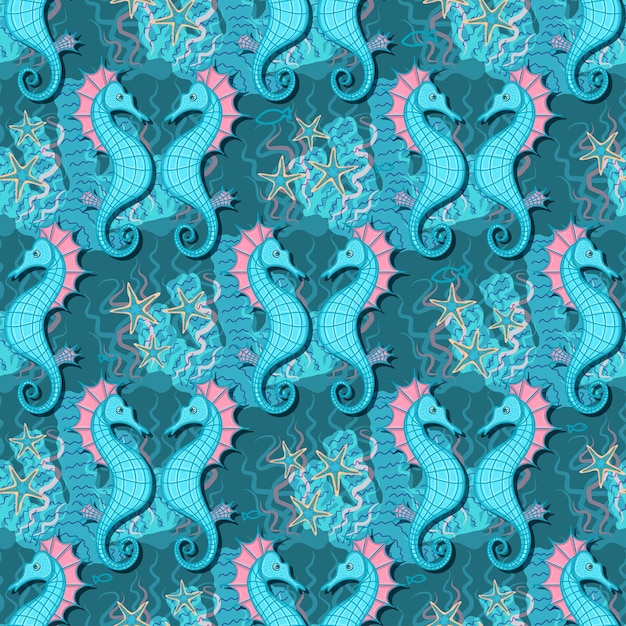 Caballito de mar patrón de patrones sin fisuras en estilo náutico Criaturas submarinas estrellas de mar caballito de mar