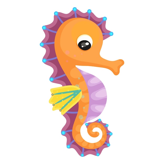 Caballito de mar pequeño pez marino criatura acuática icono aislado sobre fondo blanco Animal marino en estilo de dibujos animados Divertido trópico bajo el agua vida silvestre colorida colección de acuario exótico Ilustración vectorial