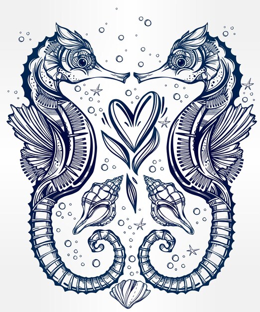 Caballito de mar romántico dibujado a mano con corazón y elementos náuticos ilustración vectorial arte marino aislado para impresiones de álbumes de recortes de carteles de tatuajes o libros para colorear bellamente detallado adornado