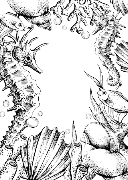 Caballitos de mar corales esponjas marinas algas conchas estrellas de mar y burbujas ilustración gráfica dibujada a mano en
