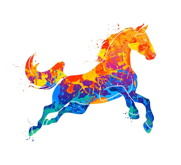 Vector caballo al galope abstracto de salpicaduras de acuarelas. ilustración de pinturas.