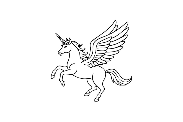 Caballo alado arte de línea vectorial volando Pegasus skatch silueta de unicornio