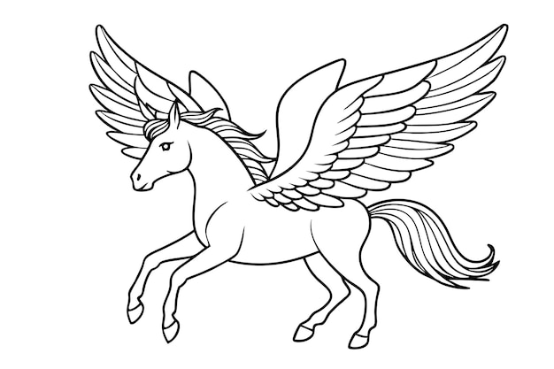 Caballo alado arte de línea vectorial volando Pegasus skatch silueta de unicornio