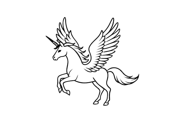 Caballo alado arte de línea vectorial volando Pegasus skatch silueta de unicornio