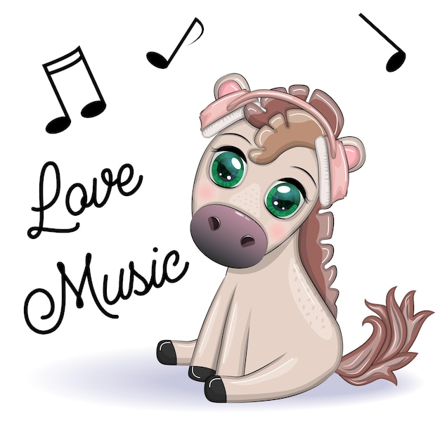 Caballo con auriculares escucha música Me encanta la música lindo personaje