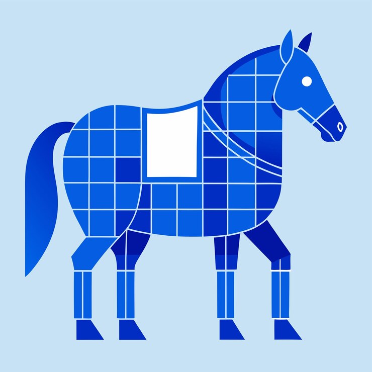 Vector un caballo azul con un parche blanco en la espalda está dibujado en un cuadrado azul