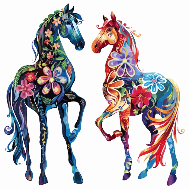 un caballo colorido con flores en la espalda y el otro caballo a la derecha