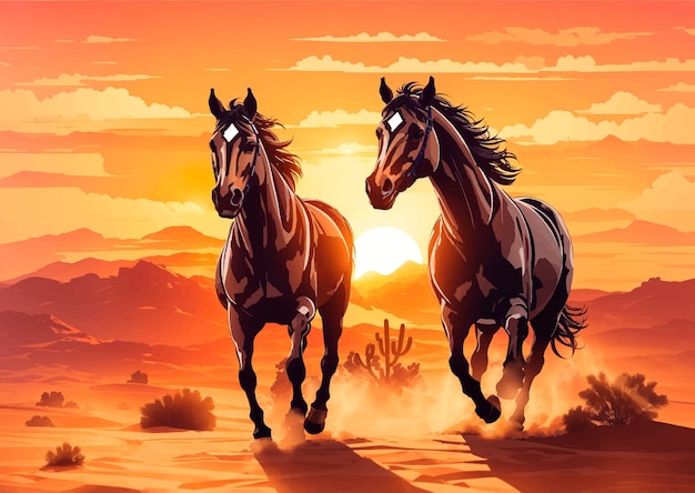 Vector un caballo corre en el desierto con una puesta de sol de fondo.