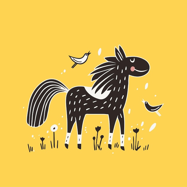 Un caballo de dibujos animados gracioso bromeando en la ilustración vectorial del prado