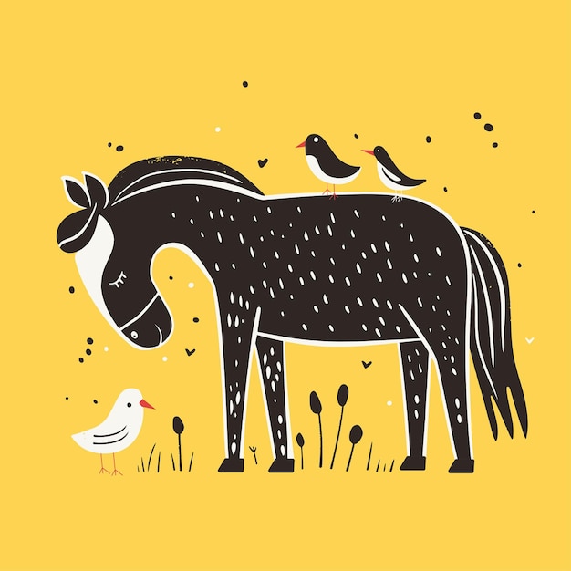 Vector caballo de dibujos animados en un prado con ilustraciones vectoriales de aves