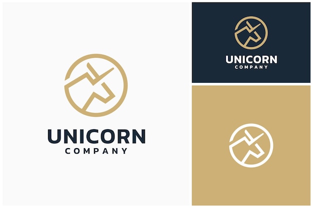 Caballo dorado con cuerno como cabeza de unicornio diseño del logotipo de la insignia del emblema