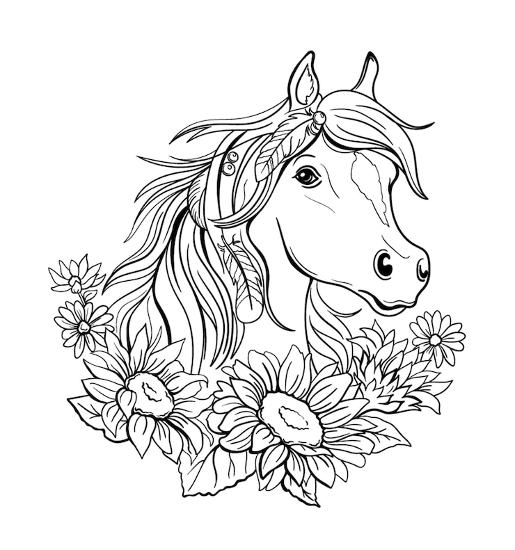 Vector caballo con girasoles página para colorear esquema aislado para colorear libro. arte lineal. en blanco y negro