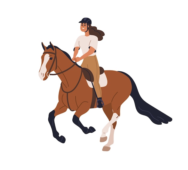 Vector caballo jinete a caballo mujer feliz chica ecuestre en el semental galopante actividad de equitación entrenamiento de la mujer caballo ilustración vectorial gráfica plana aislada sobre fondo blanco