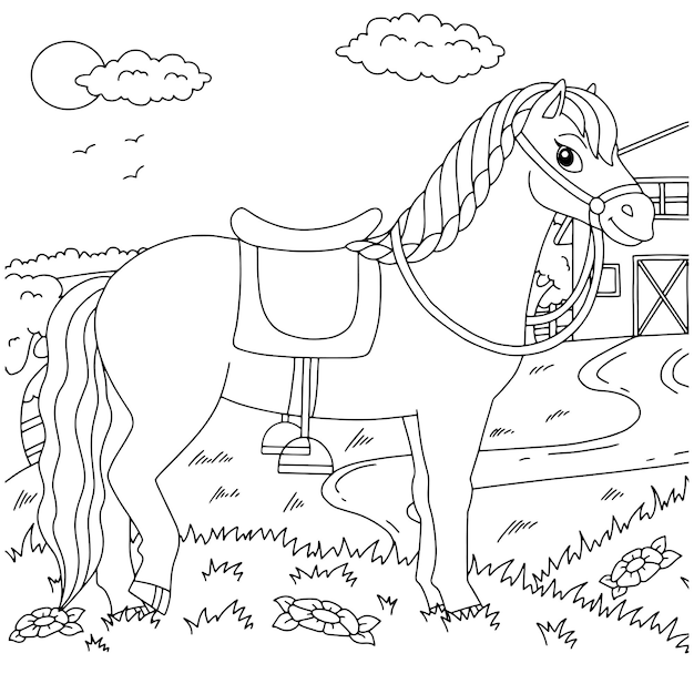 Caballo lindo animal de granja página de libro para colorear para niños estilo de dibujos animados