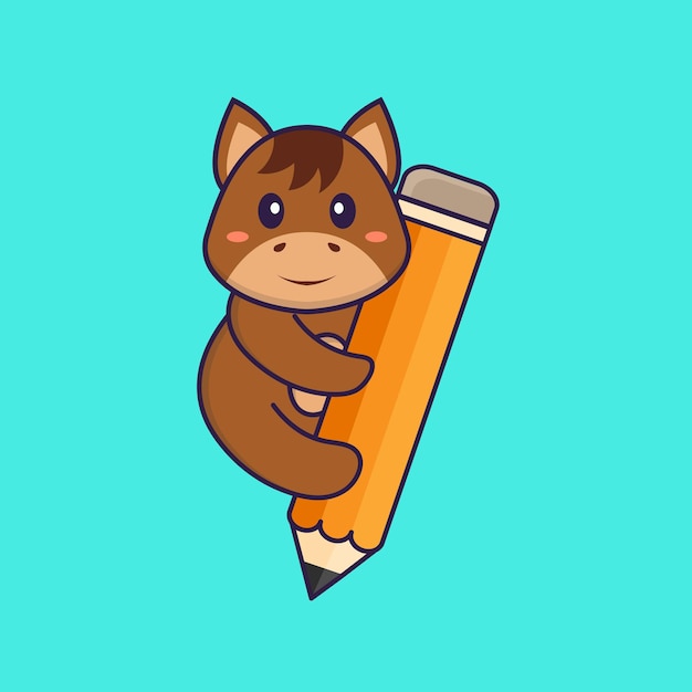 Caballo lindo que sostiene un concepto de dibujos animados de animales lápiz aislado