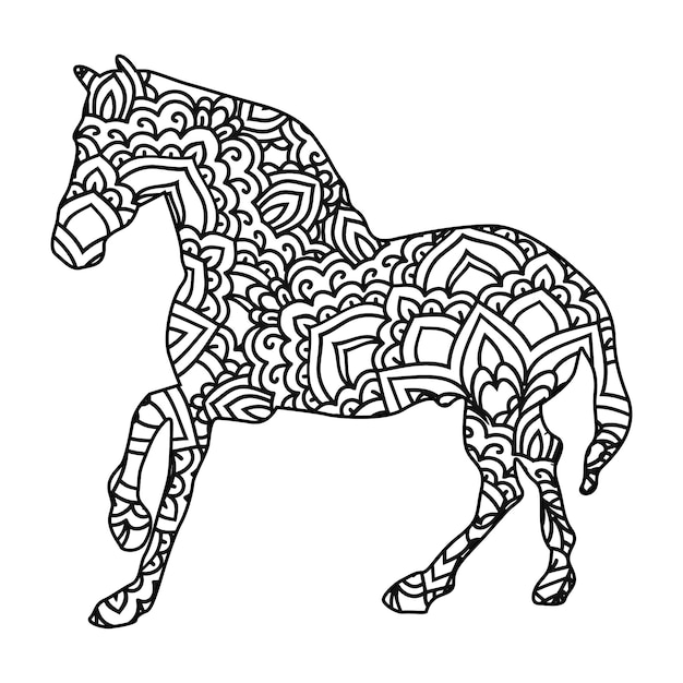 Caballo mandala página para colorear para niños y adultos, unicornio animal mandala vector línea arte diseño estilo