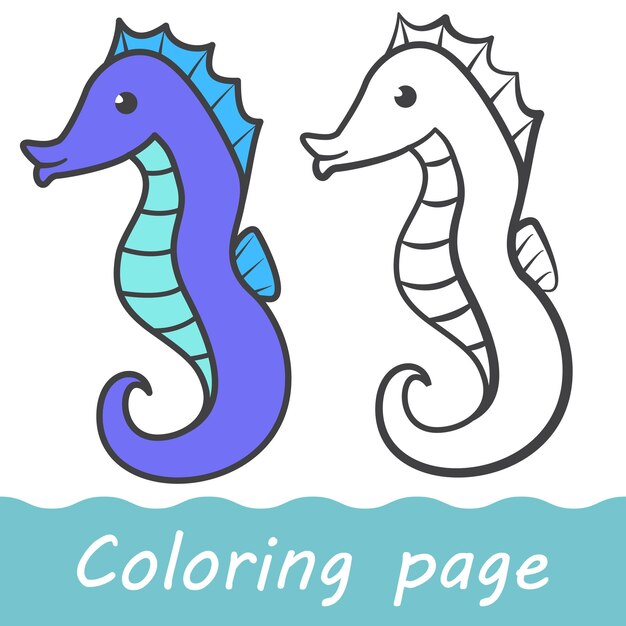 Caballo de mar de dibujos animados Cartoon caballo de mar Página de colorear juegos para niños Libro de colorear con animales marinos