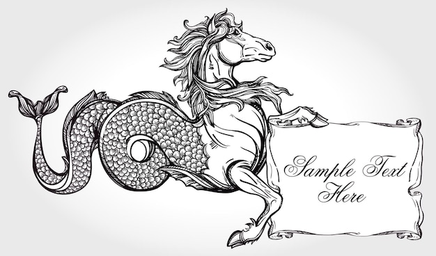 Caballo de mar mitológico del hipocampo dibujado a mano con pergamino para su texto Espacio de copia para el mensaje Elemento de tatuaje Arte conceptual del logotipo heráldico Ilustración vectorial aislada en estilo de arte de línea