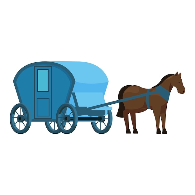 Caballo marrón de pie cerca de un carro cubierto de azul