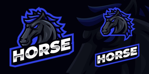 Caballo negro con el logotipo de la mascota del juego de pelo azul para el streamer y la comunidad de eSports