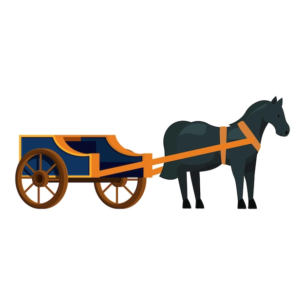 Caballo negro de pie todavía atado a un carro de madera