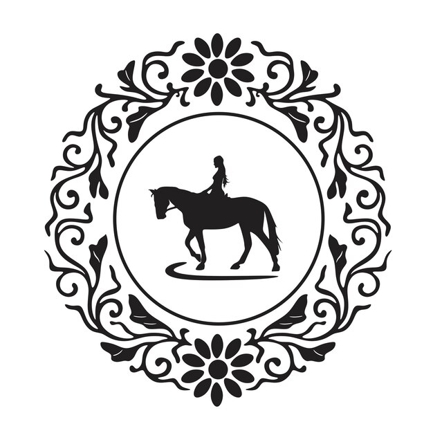 Vector caballo y niña con marco colgante silueta hecha a mano