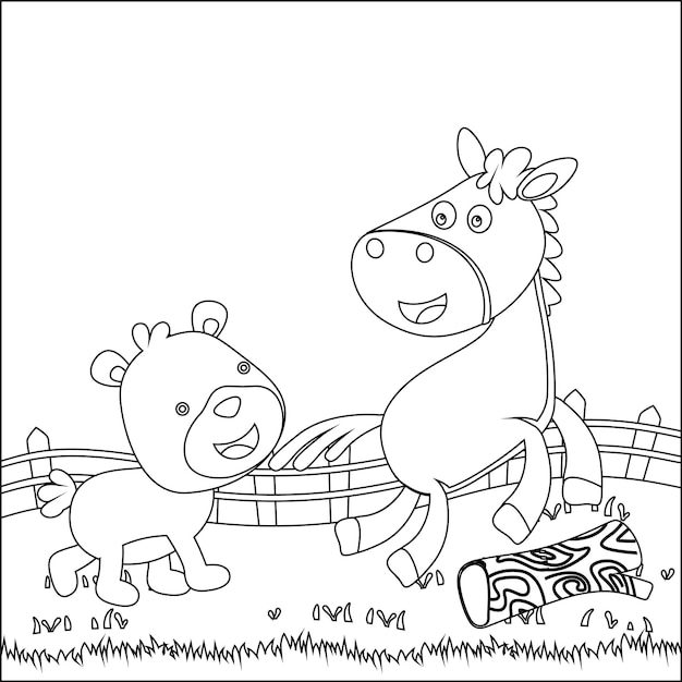 Un caballo y un oso juegan en la hierba.
