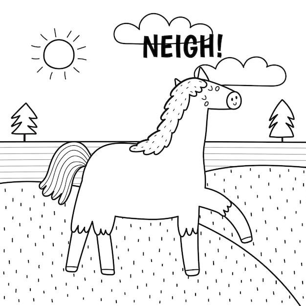 Un caballo relinchando estampado en blanco y negro. Página para colorear con lindo personaje de granja