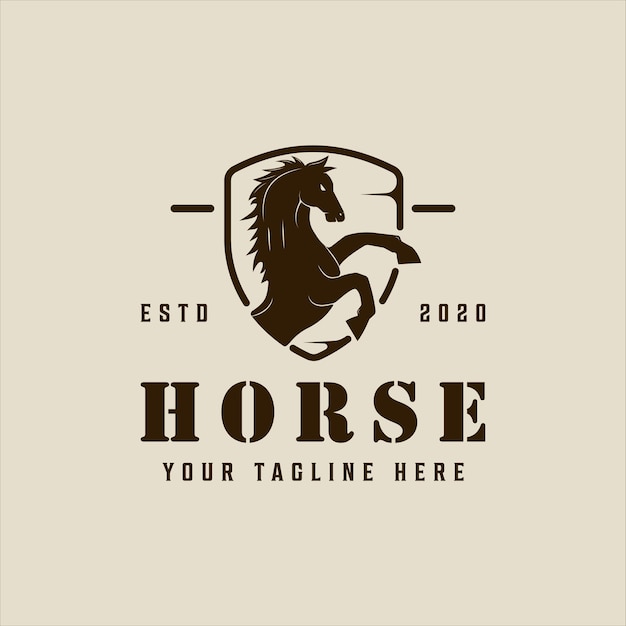 Caballo saltando en escudo emblema logo vector vintage ilustración plantilla icono diseño gráfico semental animal salvaje signo o símbolo para el concepto de granja y rancho o industria de entrega de mascotas o logística