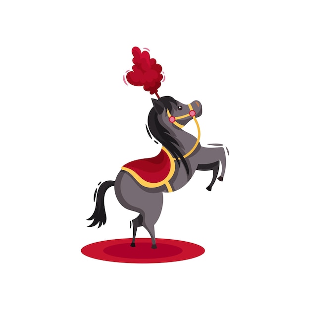 Vector caballo con silla roja y plumas en la cabeza parado sobre las patas traseras actuación de animales de circo pony gris con melena y cola negras tema de entretenimiento diseño vectorial plano aislado sobre fondo blanco