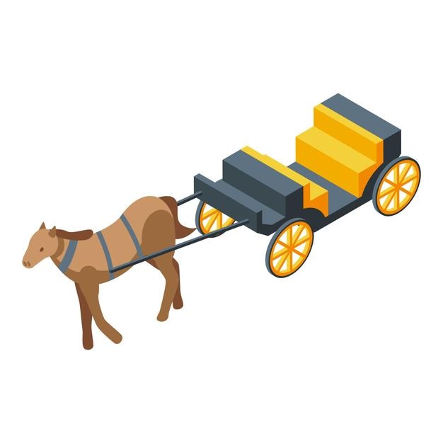 Caballo tirando de un carruaje vacío en vista isométrica