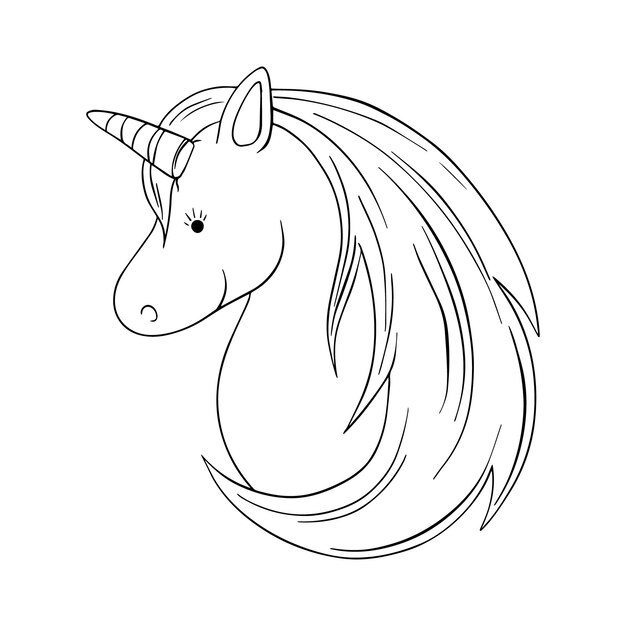 Caballo unicornio con un cuerno y una melena larga en perfil personaje místico garabato libro de colorear de dibujos animados lineales