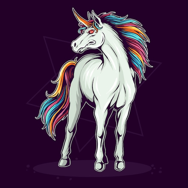 Caballo unicornio con pelo colorido como un arco iris de pie alto y valiente