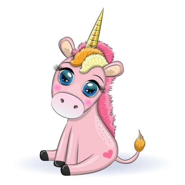 Un caballo unicornio rosado sentado una linda tarjeta de bebé una niña con ojos grandes