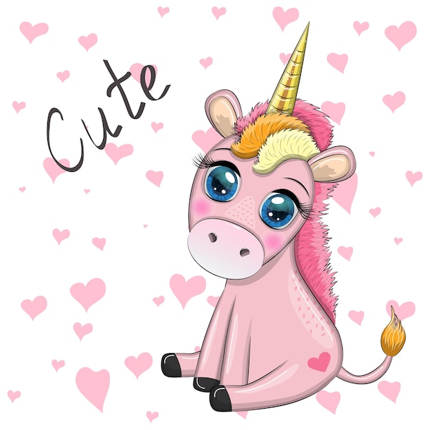 Un caballo unicornio rosado sentado una linda tarjeta de bebé una niña con ojos grandes