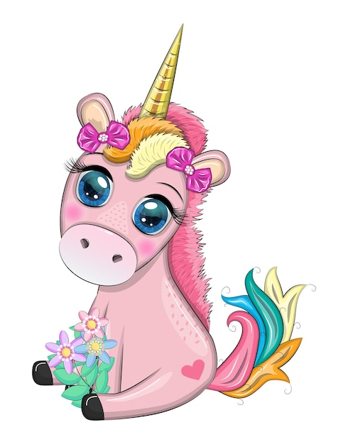 Vector un caballo unicornio rosado sentado una linda tarjeta de bebé una niña con ojos grandes