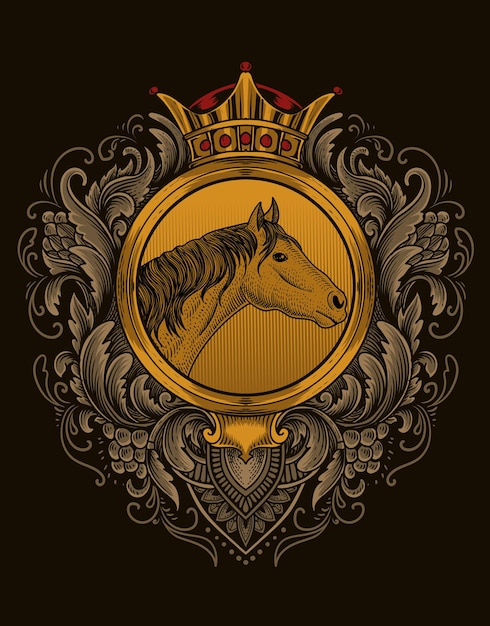 Caballo de la vendimia de la ilustración en el ornamento del grabado