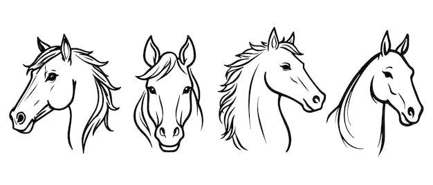 Caballos en diferentes poses Contorno dibujo en blanco y negro dibujado a mano Gráficos vectoriales