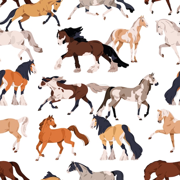 Los caballos imprimen patrones sin costuras Diseño de fondo equino sin fin Razas de sementales Textura de fondo repetitiva con rebaño de animales Ilustración vectorial plana imprimible para envolver telas textiles