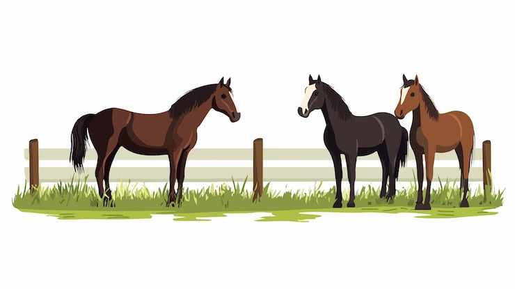 Vector los caballos de pie en la hierba verde por la ilustración vectorial de la valla
