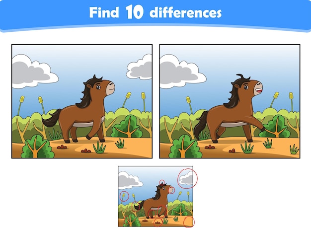 Cabalos de dibujos animados divertidos Encuentra 10 diferencias Juegos educativos para niños