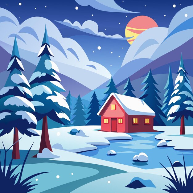 Una cabaña acogedora enclavada en un bosque nevado bajo un cielo nocturno estrellado con una gran luna roja