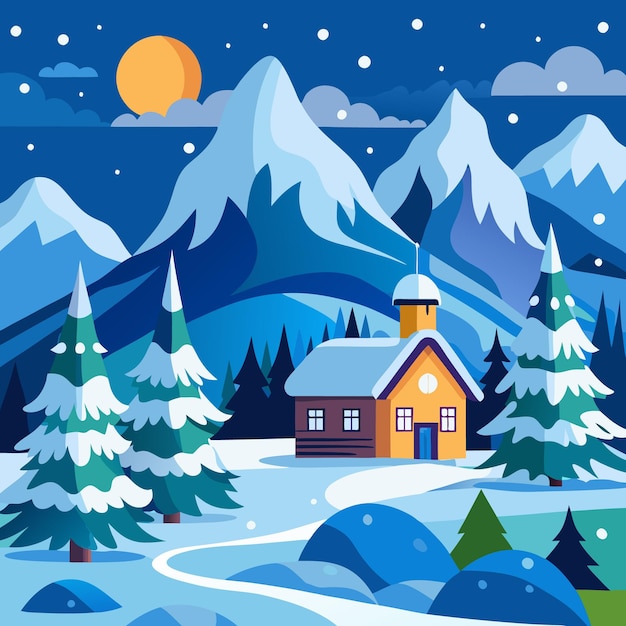 Cabaña acogedora en un paisaje montañoso nevado con una luna brillante y nieve cayendo