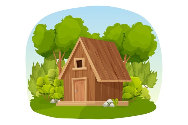 Cabaña en el bosque, casa de madera o cabaña decorada con árboles, hierba y  arbustos en estilo de dibujos animados aislado | Vector Premium