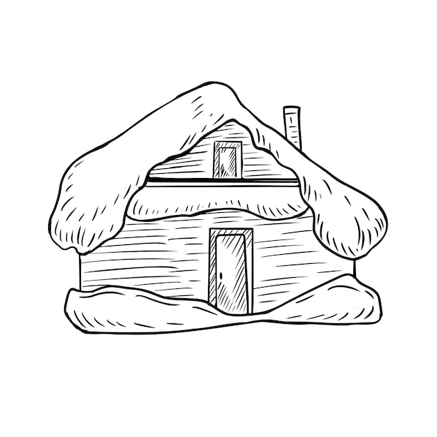 Cabaña de bosque dibujada a mano con techo cubierto de nieve ilustración vectorial de contorno blanco y negro Casa de madera rústica dibujo de línea de tinta para diseño de invierno y Navidad Cabaña del bosque para paisaje nevado