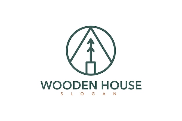 Cabaña de cabaña de pueblo de casa de madera con abetos de hoja perenne de pino para el diseño del logotipo del campamento