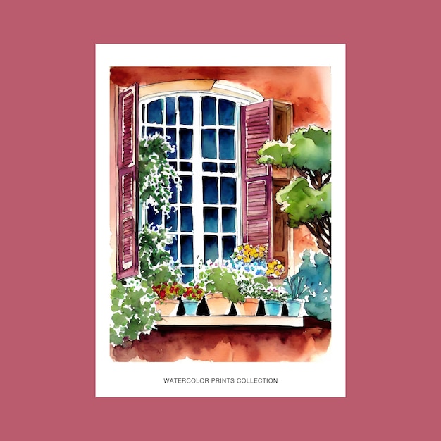 Cabaña casa ventana acuarela ilustración