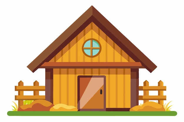 Cabaña de granja de madera rústica con techo de paja para animales Ilustración simple de la casa del granero