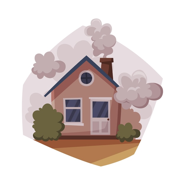 Cabaña con humo saliendo de la chimenea problema ecológico ilustración vectorial de contaminación del aire
